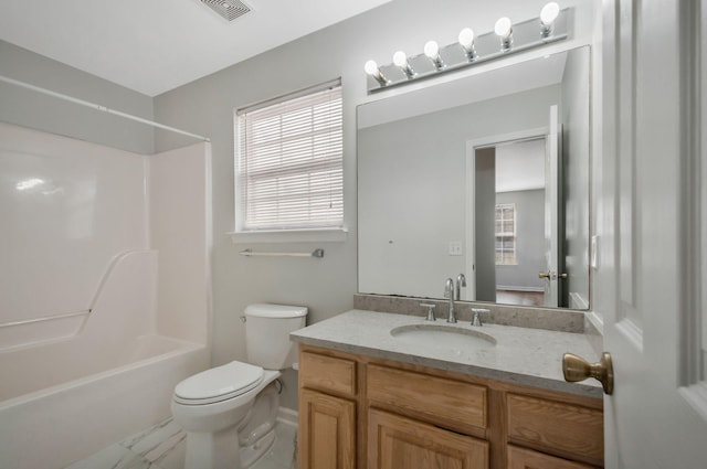 full bath with bathing tub / shower combination, visible vents, toilet, and vanity