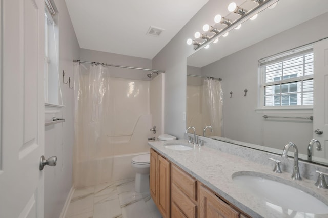 full bathroom featuring a sink, visible vents, toilet, and marble finish floor