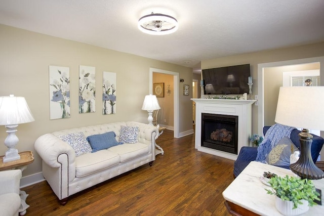 living area featuring baseboards, wood finished floors, and a fireplace