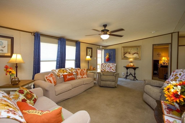 living room with carpet floors, a textured ceiling, crown molding, and vaulted ceiling