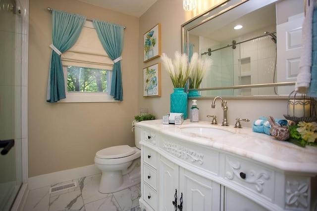 full bath featuring visible vents, a shower stall, baseboards, toilet, and marble finish floor