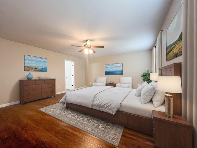 bedroom featuring a ceiling fan, baseboards, and wood finished floors