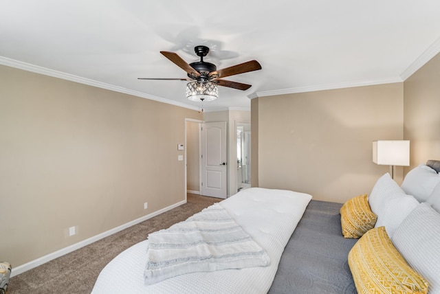 bedroom featuring crown molding, baseboards, carpet floors, and ceiling fan