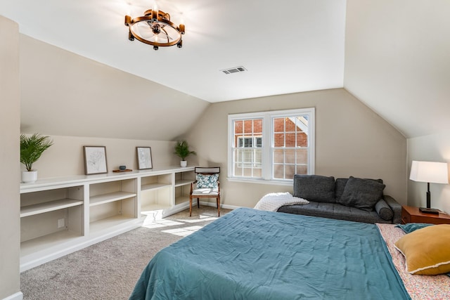 bedroom featuring baseboards, visible vents, carpet floors, and lofted ceiling