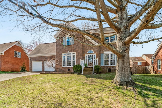 view of front of house with fence, concrete driveway, an attached garage, crawl space, and brick siding