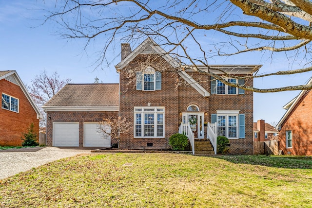 view of front of house with brick siding, a chimney, a garage, crawl space, and driveway