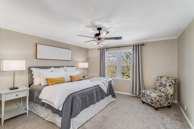 bedroom featuring light colored carpet, a ceiling fan, baseboards, and ornamental molding