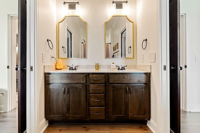 bathroom featuring double vanity, wood finished floors, baseboards, and a sink