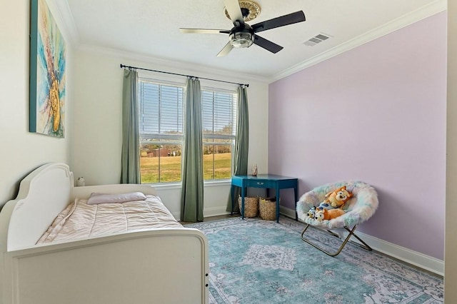 bedroom featuring a ceiling fan, baseboards, visible vents, and ornamental molding