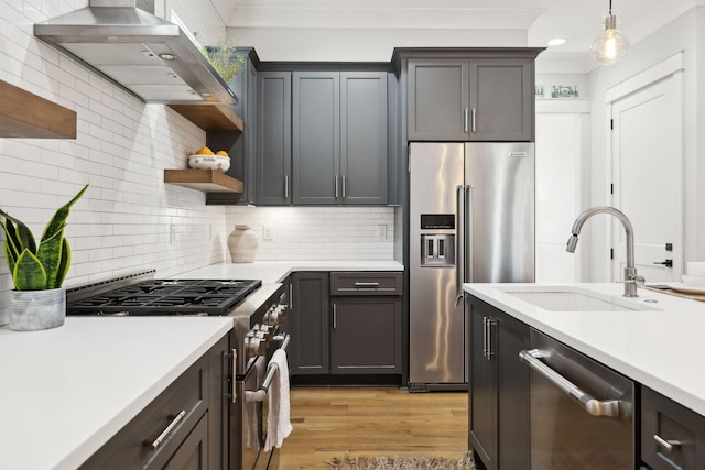 kitchen featuring ventilation hood, high end appliances, light countertops, and a sink