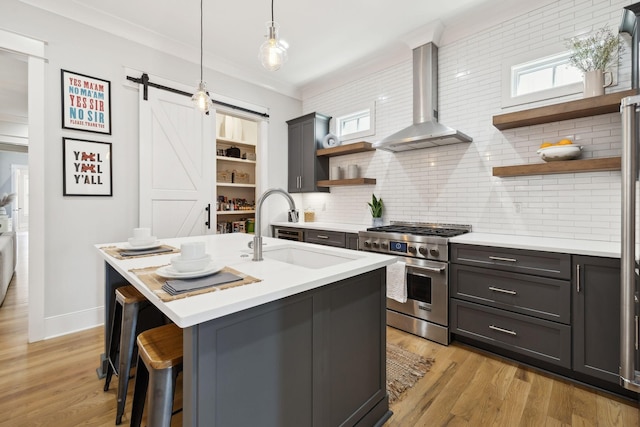 kitchen featuring high end stove, open shelves, a sink, a barn door, and wall chimney exhaust hood