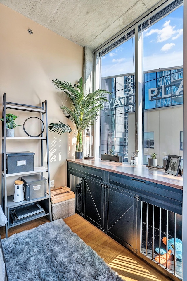 interior space with a wall of windows and wood finished floors