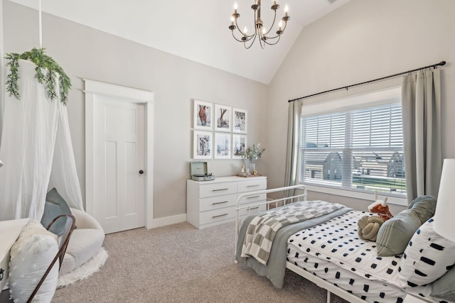 bedroom with baseboards, light carpet, an inviting chandelier, and vaulted ceiling