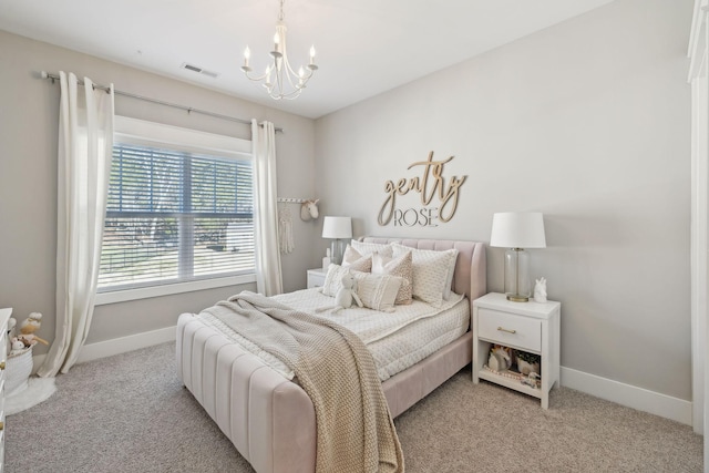 carpeted bedroom with an inviting chandelier, baseboards, and visible vents