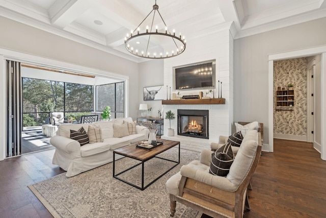 living room with beamed ceiling, coffered ceiling, wood finished floors, baseboards, and a brick fireplace