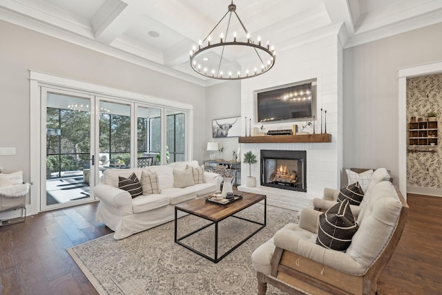 living room featuring a large fireplace, crown molding, beamed ceiling, dark wood-style floors, and coffered ceiling