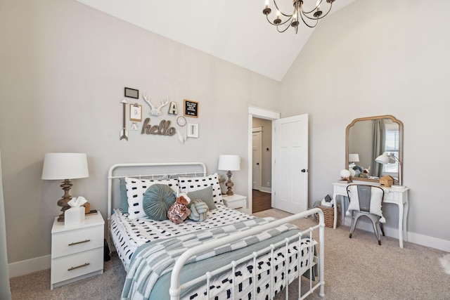 bedroom featuring a notable chandelier, light colored carpet, baseboards, and high vaulted ceiling