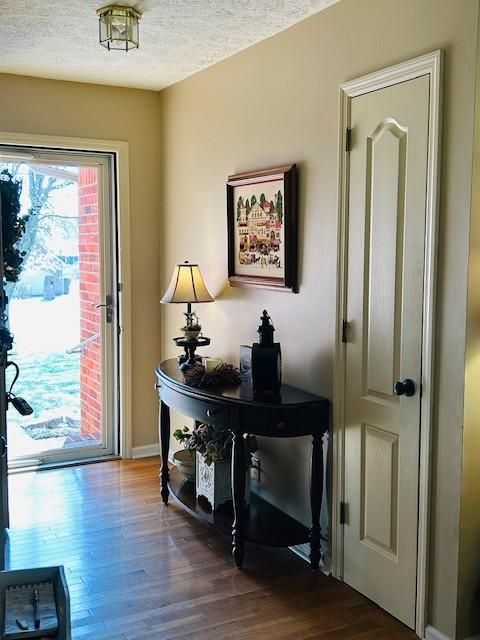 foyer featuring a textured ceiling and dark wood-type flooring