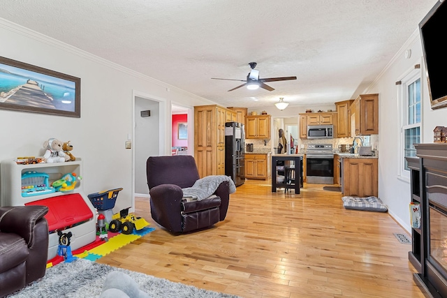 living room with light wood-style floors, ornamental molding, and a textured ceiling