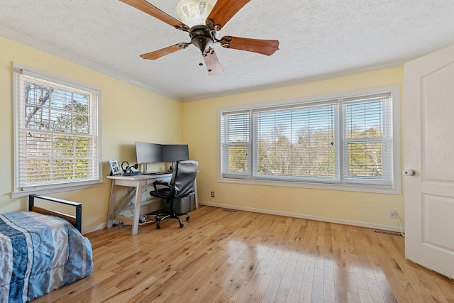 interior space featuring light wood finished floors, a textured ceiling, and ornamental molding