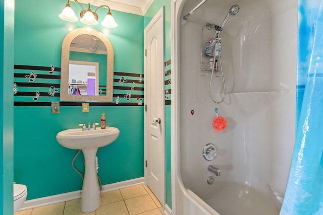 full bath featuring baseboards,  shower combination, tile patterned flooring, crown molding, and toilet