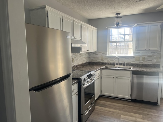 kitchen featuring a sink, dark countertops, appliances with stainless steel finishes, and under cabinet range hood