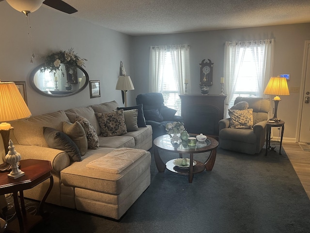 living room featuring a textured ceiling, a healthy amount of sunlight, and wood finished floors