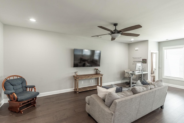 living room with recessed lighting, baseboards, dark wood finished floors, and a ceiling fan