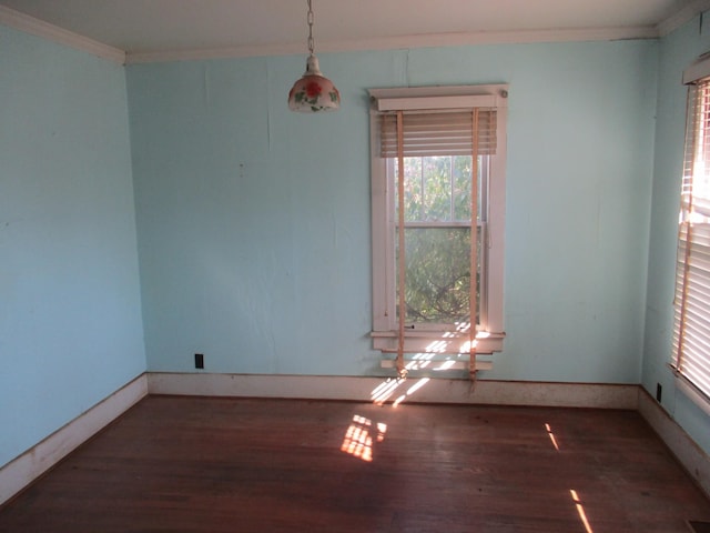 spare room with wood finished floors, baseboards, and ornamental molding