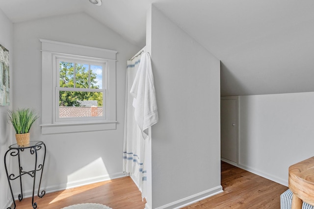 interior space with baseboards, lofted ceiling, and wood finished floors