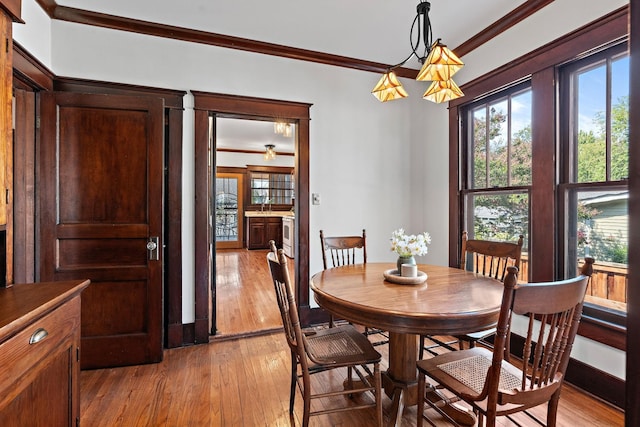 dining room with plenty of natural light, crown molding, and light wood-type flooring