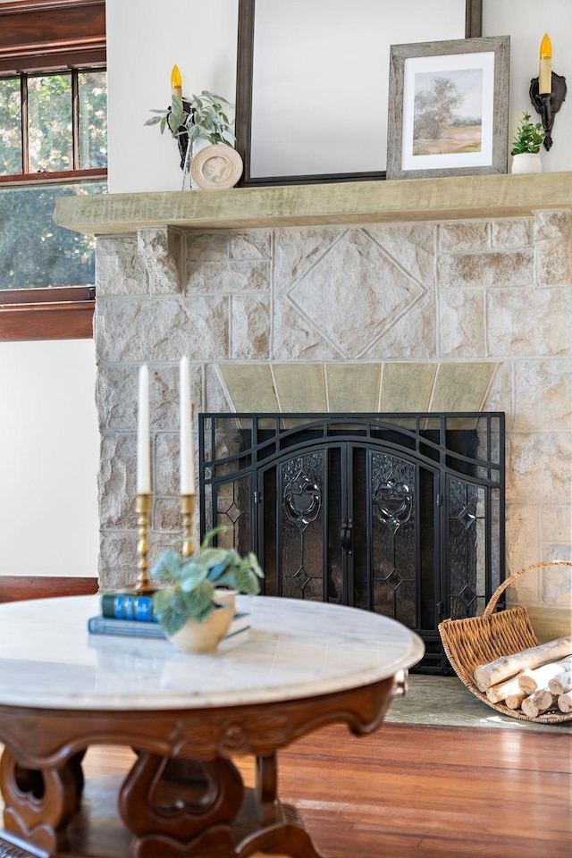 details with a fireplace with raised hearth