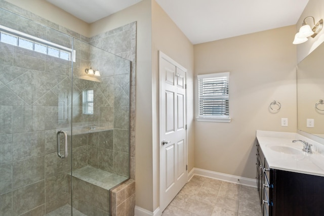 full bath with vanity, a shower stall, plenty of natural light, and baseboards