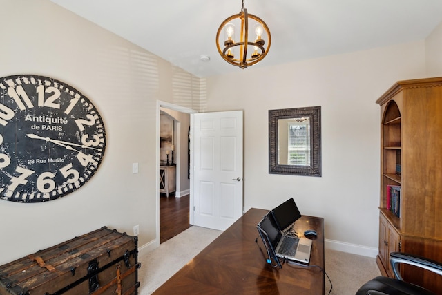 office with a notable chandelier, carpet flooring, and baseboards