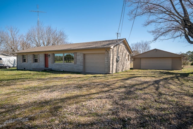 view of front of house with a front lawn, a garage, and stone siding