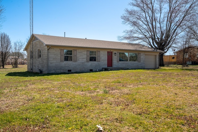 ranch-style house featuring a front yard, an attached garage, and stone siding