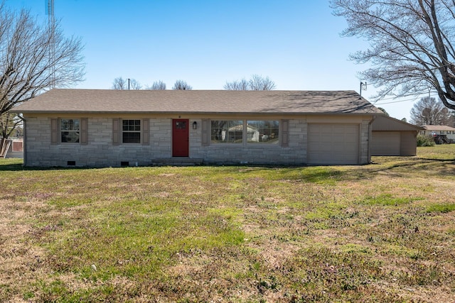 single story home featuring crawl space, a garage, driveway, and a front lawn