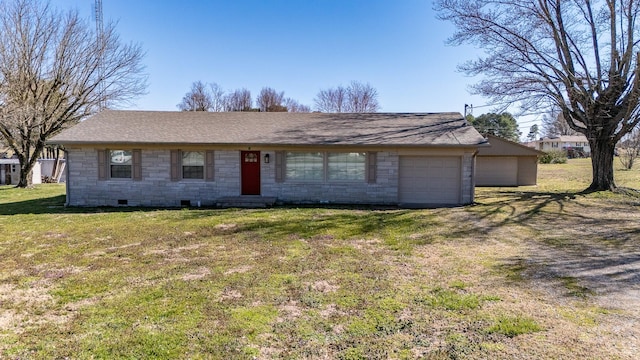 view of front of home featuring crawl space, stone siding, roof with shingles, and a front lawn