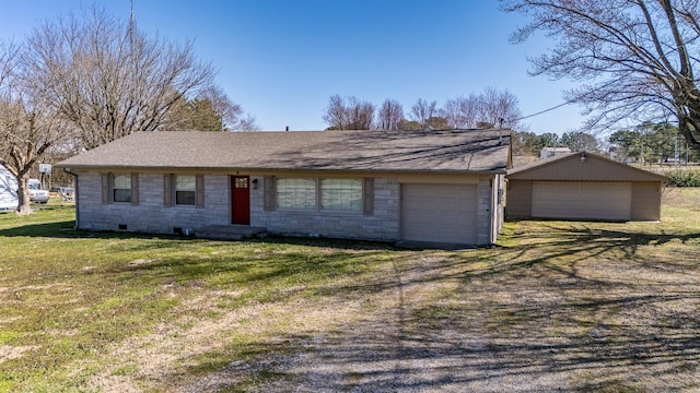 single story home with a front yard, roof with shingles, a garage, stone siding, and crawl space