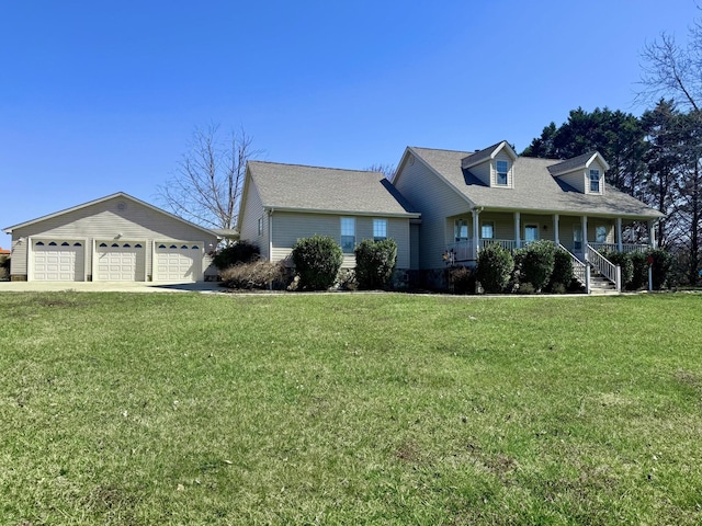 cape cod home with a front lawn, a porch, an outbuilding, and a garage