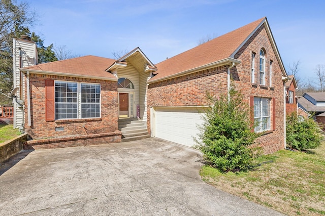 view of front of home with concrete driveway, an attached garage, brick siding, and a chimney