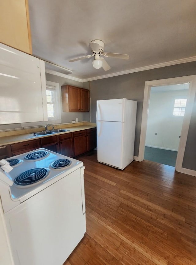 kitchen featuring white appliances, brown cabinetry, wood finished floors, a sink, and ornamental molding