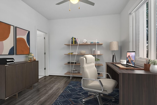 office with baseboards, wood finished floors, and a ceiling fan