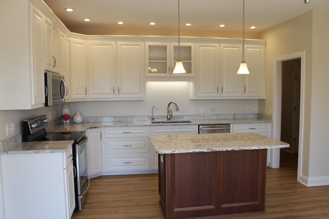 kitchen featuring wood finished floors, white cabinets, stainless steel appliances, and a sink