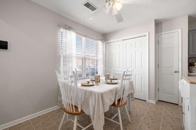 dining room with visible vents, baseboards, and a ceiling fan