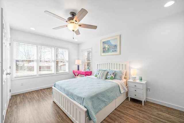 bedroom with recessed lighting, baseboards, wood finished floors, and a ceiling fan