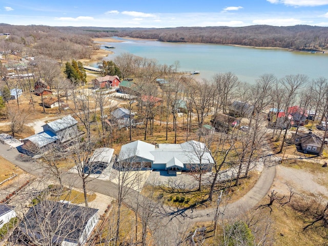 drone / aerial view featuring a water view