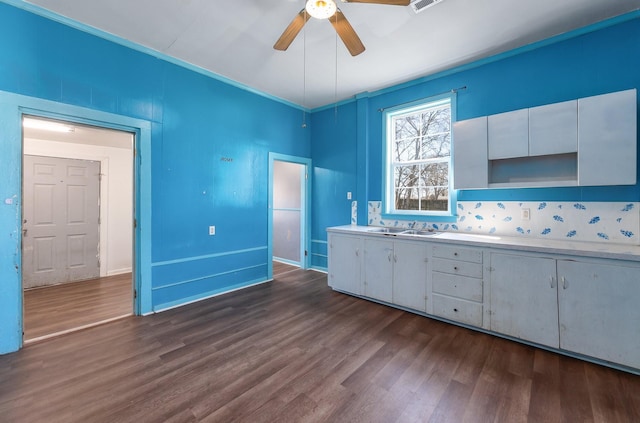 kitchen featuring a ceiling fan, visible vents, dark wood-style flooring, a sink, and light countertops