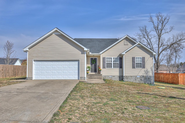 ranch-style home featuring fence, driveway, an attached garage, a front lawn, and crawl space