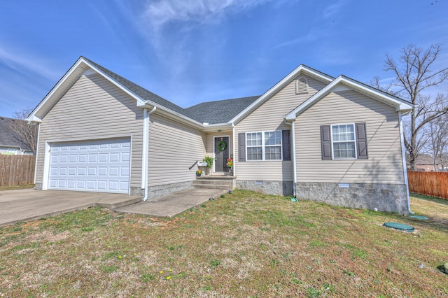 single story home with driveway, fence, a front yard, an attached garage, and crawl space